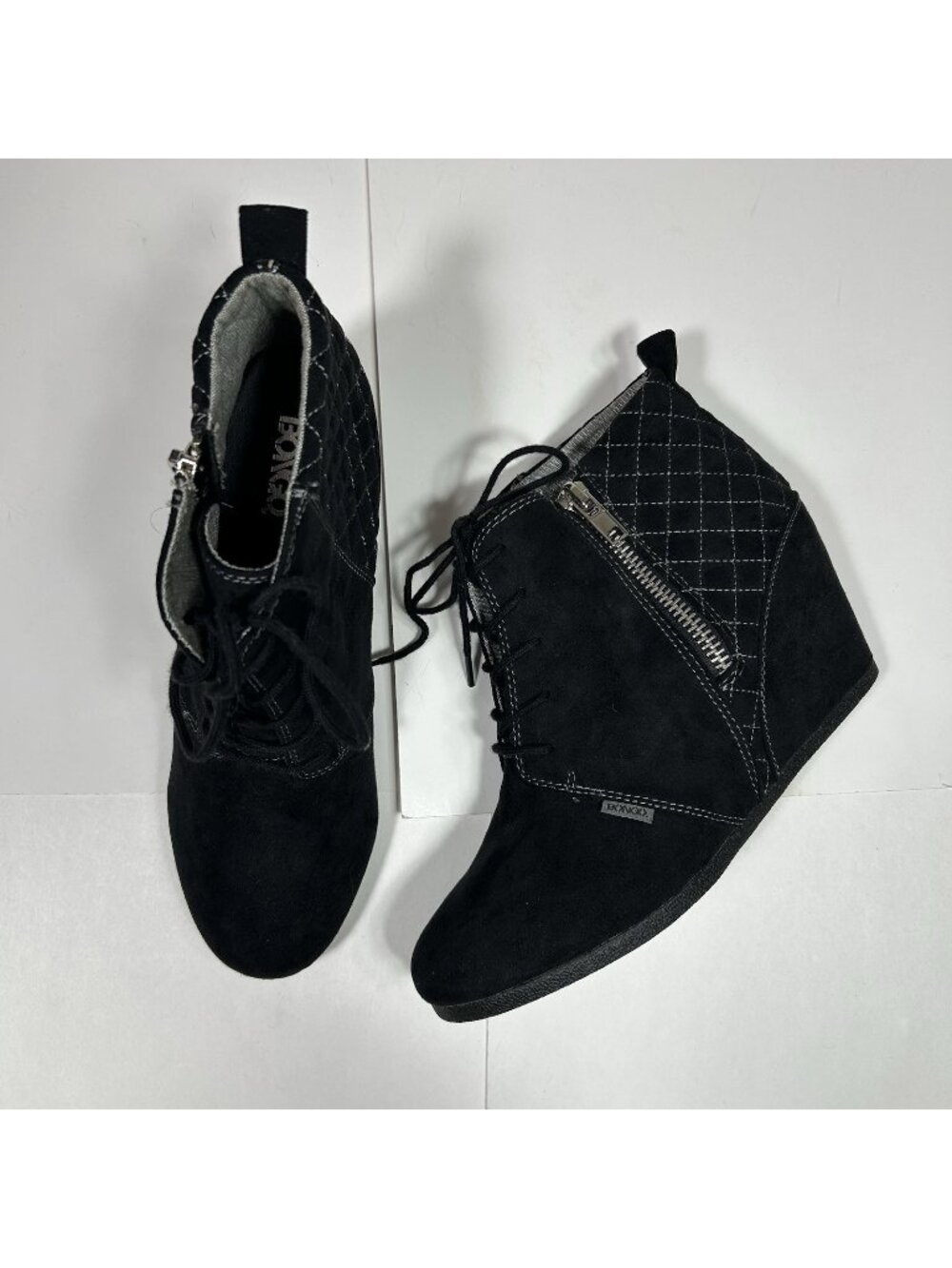 Bongo Womens Kedzie Ankle Boots Black Faux Suede Wedge Quilted Zipper Sz 10M
